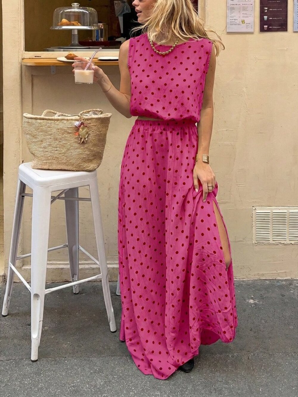 Hot Pink Boho Casual Women's Tropical Polka Dot Tank Top and Long Skirt Set